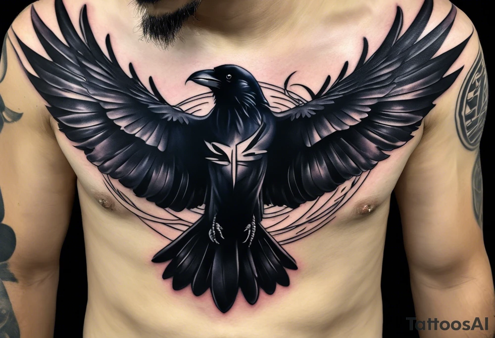 Black and white tattoo. The main image is a raven and a butterfly flying together towards the sky. The raven is shrouded in light and the butterfly in darkness. In the background you can see a 46 (from Valentino Rossi). You can also see a small scorpion and an 89, as well as a large lettering that reads "SKF". tattoo idea