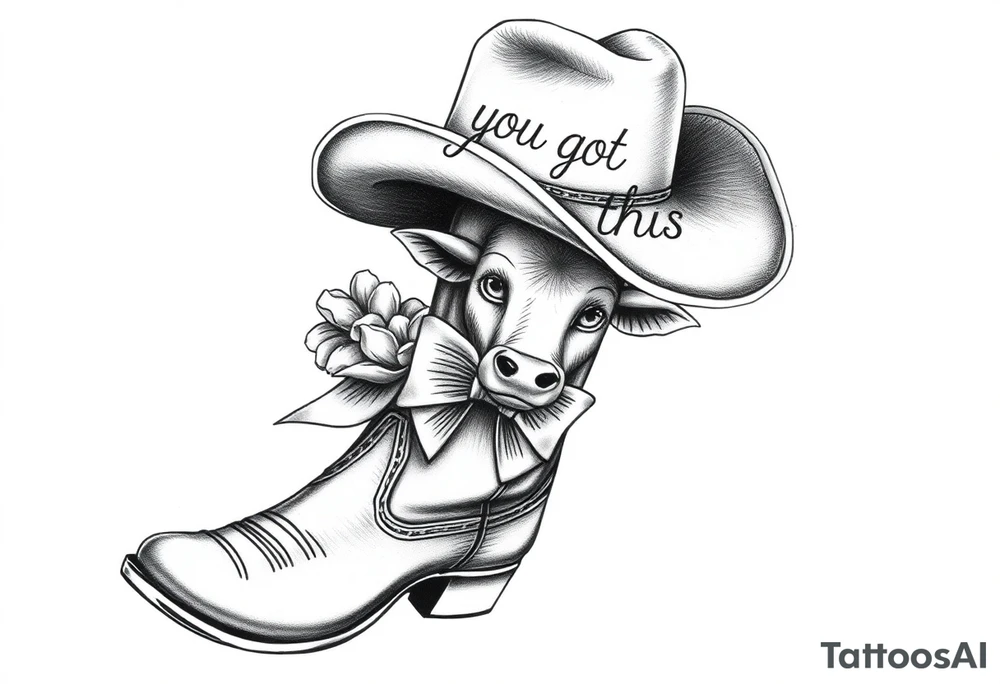 A cowboy boot with a cowboy hat on top the words you got this stitched into the hat and stitched into the boot an orange, a highland cow and a bow tattoo idea
