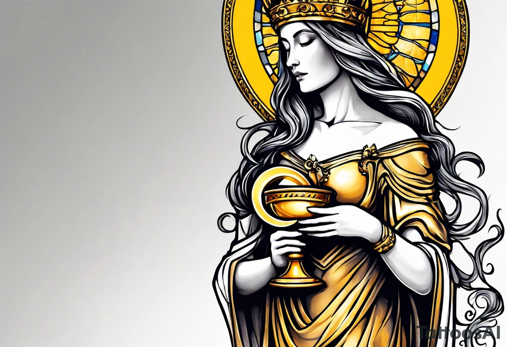 holy saint woman turned away with golden halo holding a chalice tattoo idea