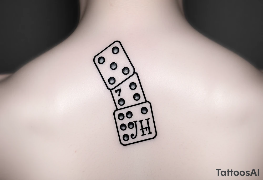 Three domino tiles falling onto each other, showing the pips 8, 7, and 6. On the last tile at the bottom, the top half should show the pips 6, and the other half should display the initials JH.” tattoo idea