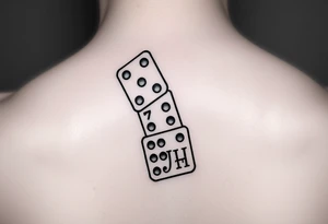 Three domino tiles falling onto each other, showing the pips 8, 7, and 6. On the last tile at the bottom, the top half should show the pips 6, and the other half should display the initials JH.” tattoo idea