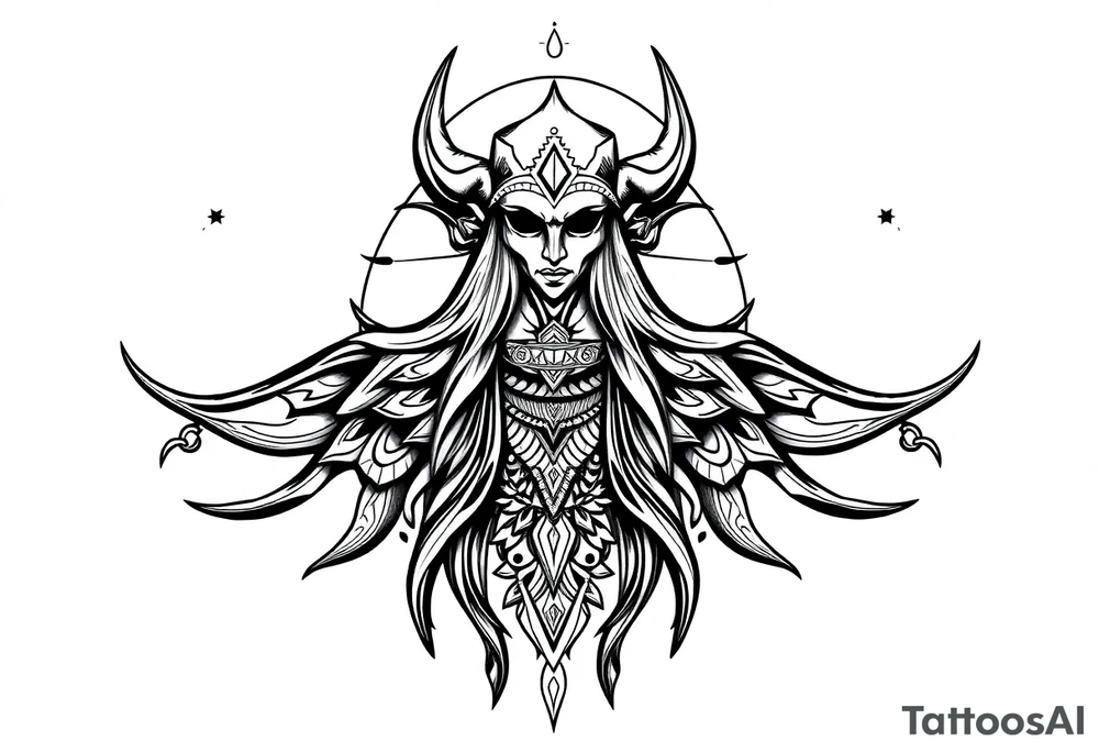 long ornament shaman and witch style mytical with ancient rhyme tattoo idea