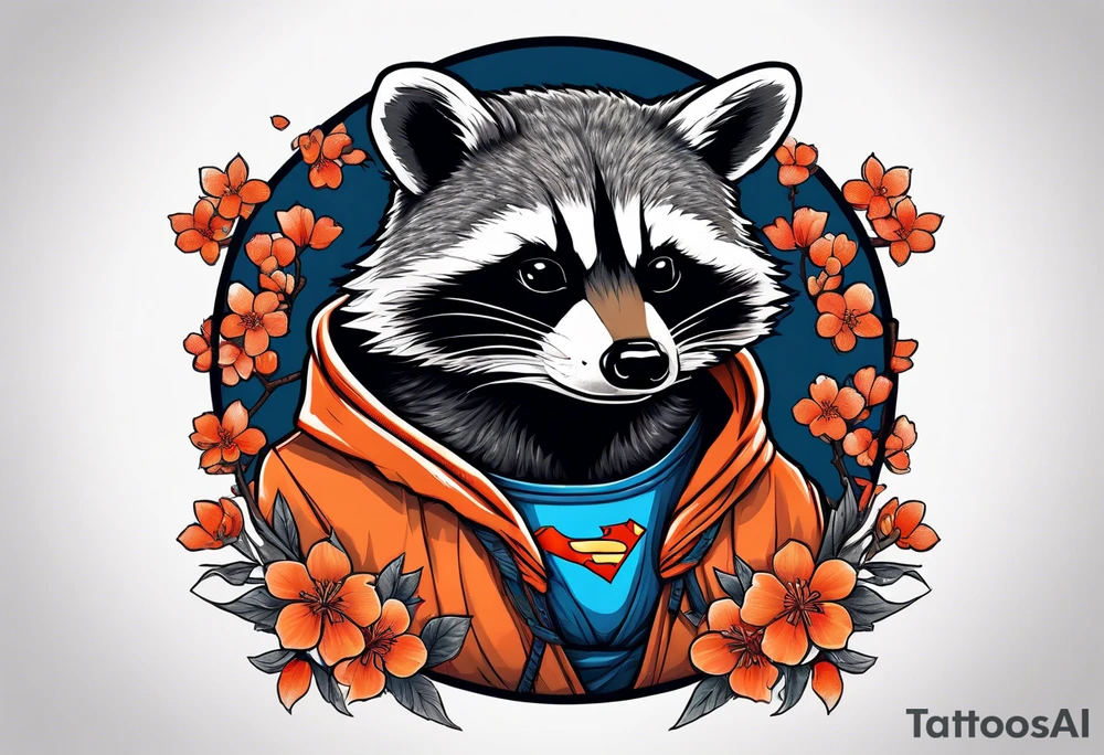 raccoon wearing a Superman hoodie with orange Japanese cherry blossoms tattoo idea