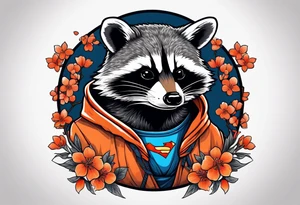raccoon wearing a Superman hoodie with orange Japanese cherry blossoms tattoo idea