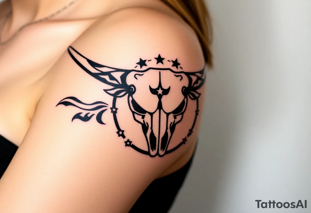Longhorn skull Texas flag next to it with stars and circling it tattoo idea