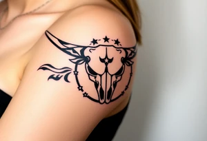 Longhorn skull Texas flag next to it with stars and circling it tattoo idea