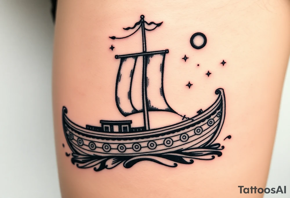 Nordic boat with cosmic sky and celestial details tattoo idea