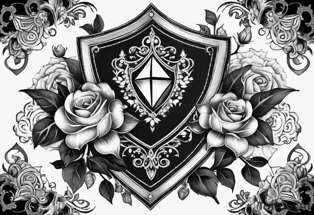 An Iron Shield endowed with diamond shaped gems along the trim, 3 different kinds of flowers create the crest, black vines with bright white thorns wrap and constrict the shield as a tattoo design" tattoo idea