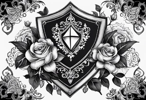 An Iron Shield endowed with diamond shaped gems along the trim, 3 different kinds of flowers create the crest, black vines with bright white thorns wrap and constrict the shield as a tattoo design" tattoo idea