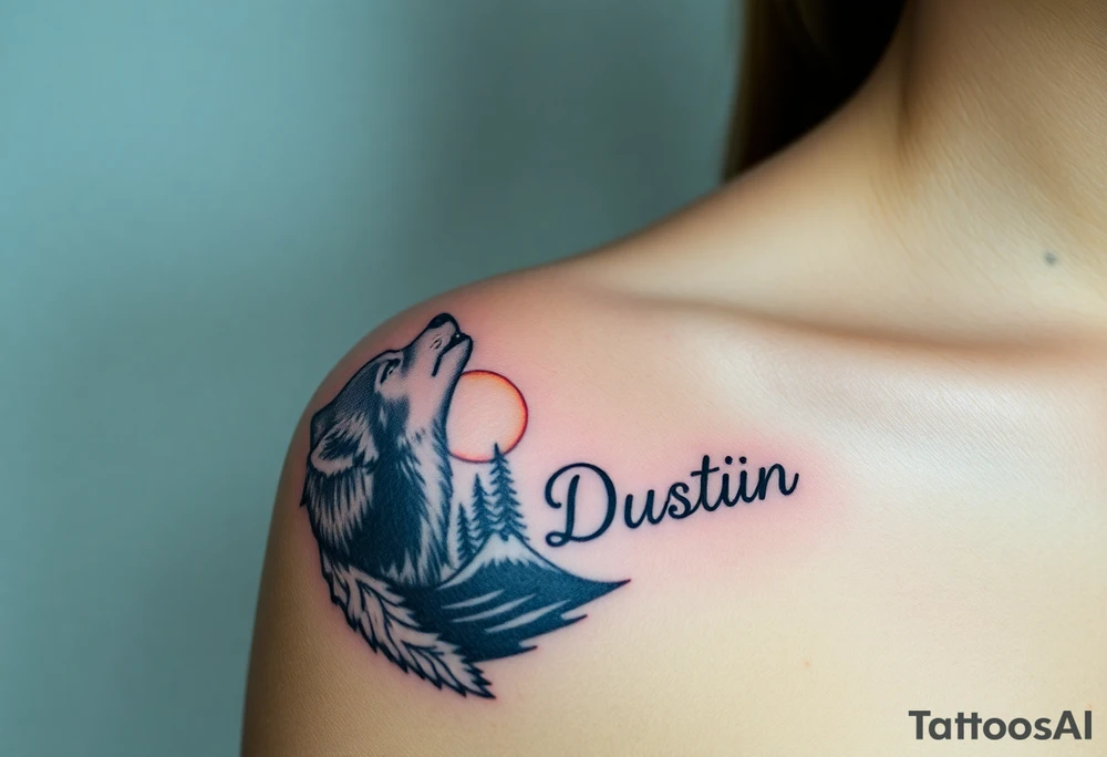 lone wolf howling at full moon with northern lights backdrop with name Dustin in it tattoo idea