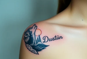 lone wolf howling at full moon with northern lights backdrop with name Dustin in it tattoo idea