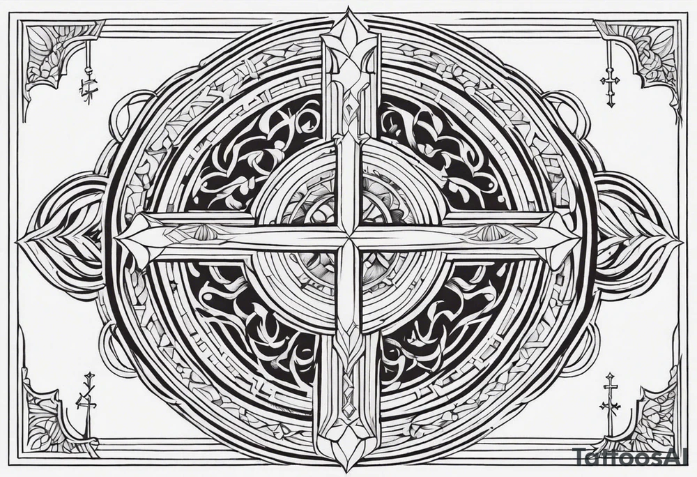symmetrical, chest tattoo, include a christian cross, add biblical scripture text in the background tattoo idea