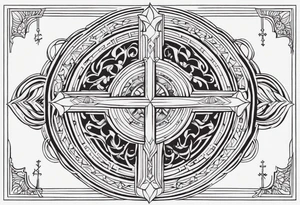 symmetrical, chest tattoo, include a christian cross, add biblical scripture text in the background tattoo idea