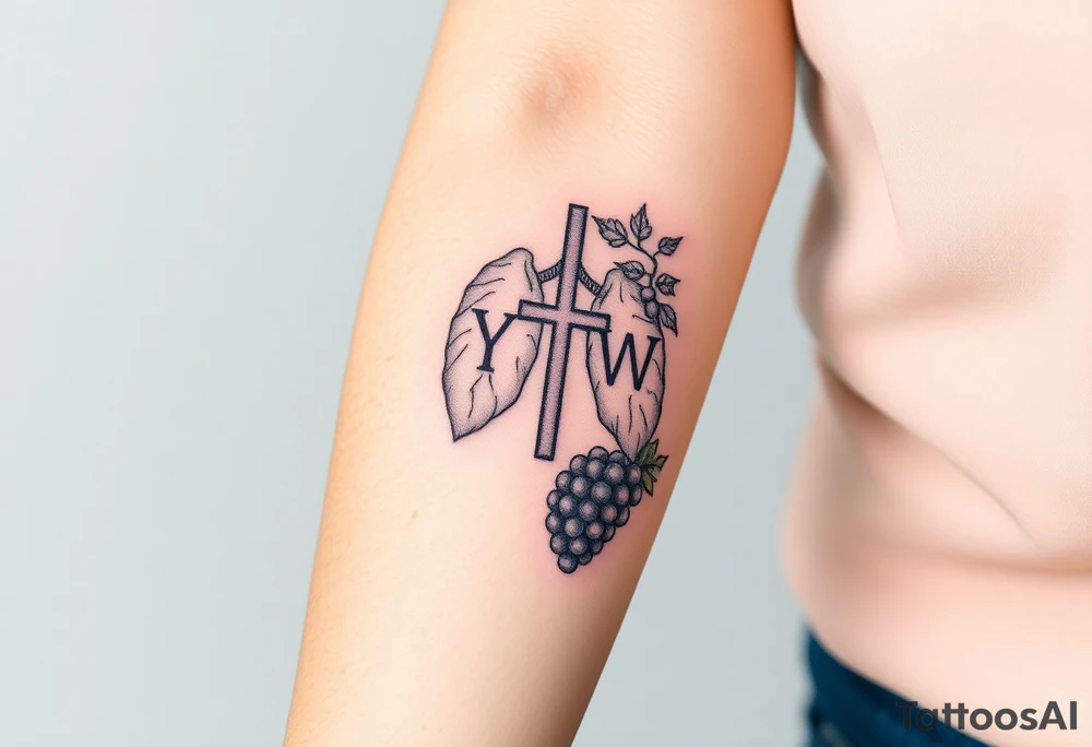 Initials YH WH in lungs with cross and grapes on vine tattoo idea
