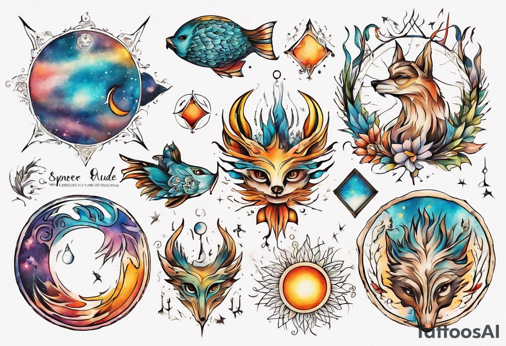 fisch, fuchs und eule , symetrie  sonne, universum, bunt, " sapere aude" tattoo idea