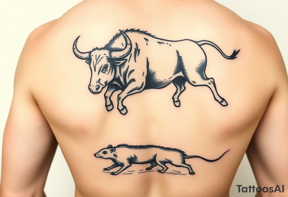 I want a tattoo with a bull with its horns down running full body chasing a rat on my lower back tattoo idea