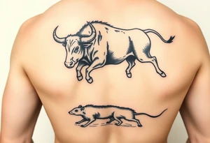 I want a tattoo with a bull with its horns down running full body chasing a rat on my lower back tattoo idea