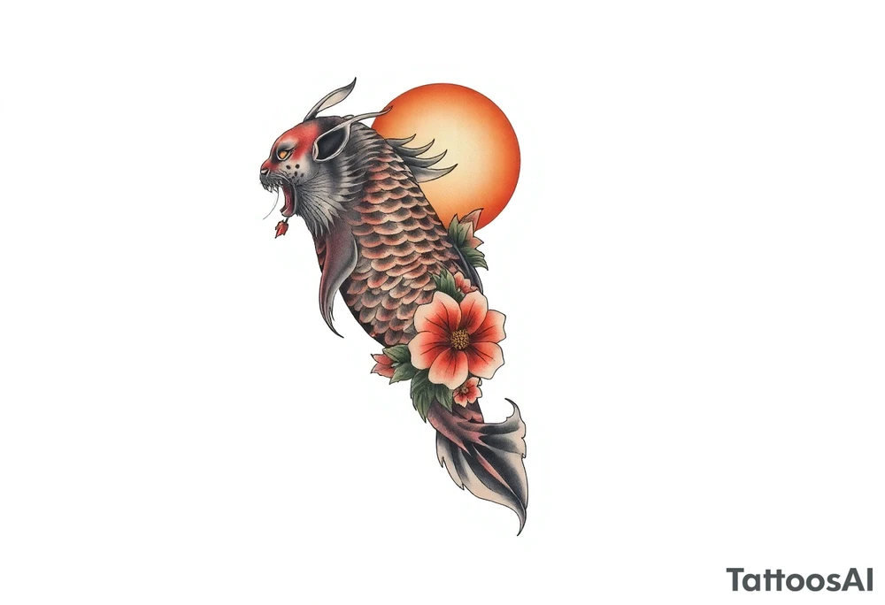 Full arm sleeve, koi fish, tiger, the sun, cherry blossom filler, beautiful tattoo idea