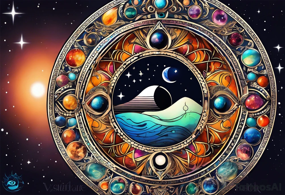 Astrology, Cancer, Natal Chart, symbolic, vision, yin yang, the moon, the sun, Uranus, Pluto, spiritual third eye, mystical armband tattoo idea