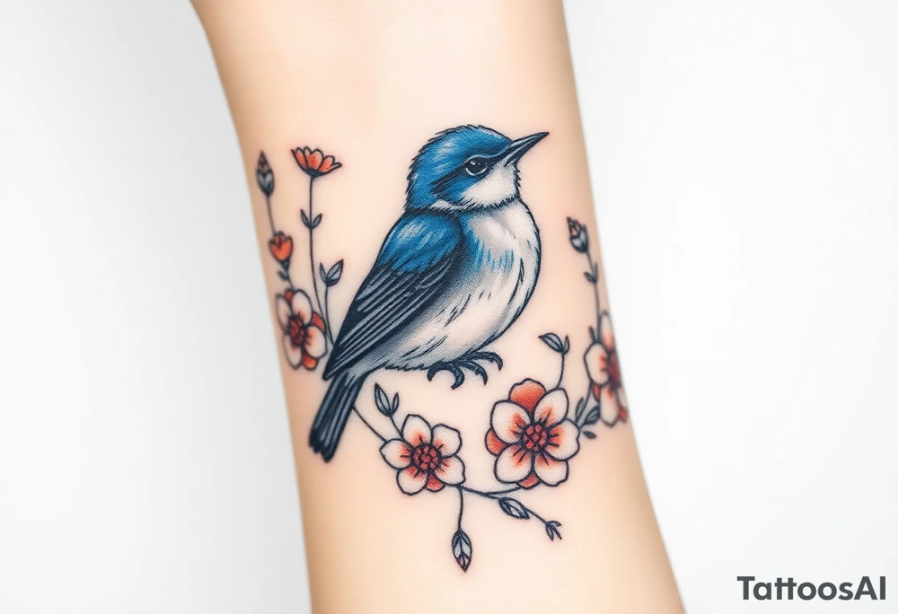 Puffy bluebird surrounded by wild flowers tattoo idea