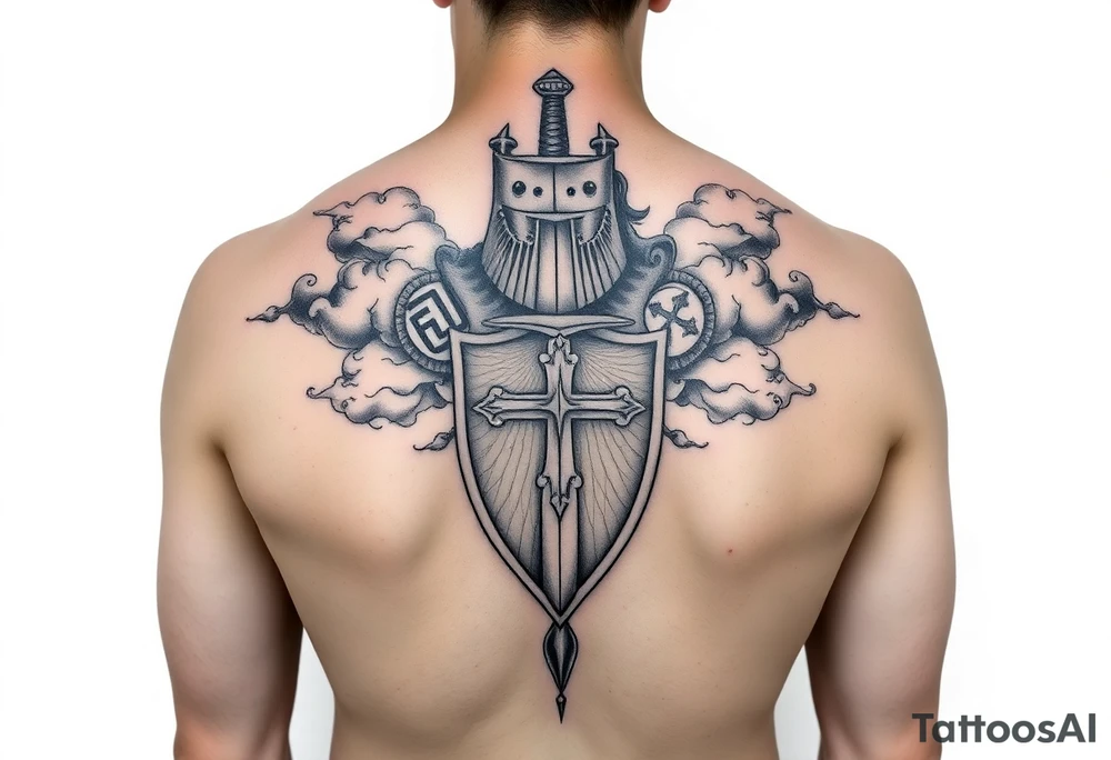 Half sleeve. King Alfred the great, sword, clouds, shield, cross tattoo idea
