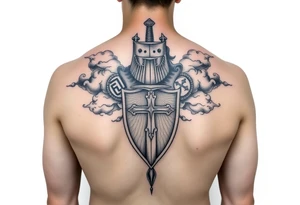 Half sleeve. King Alfred the great, sword, clouds, shield, cross tattoo idea