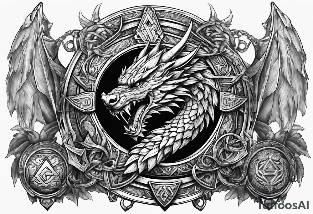 Valhalla sword round shield dragon axe Valknut steps fire chains tattoo idea Valhalla sword round shield dragon axe Valknut steps fire chains tattoo idea