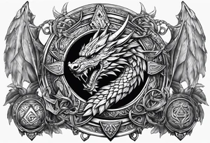 Valhalla sword round shield dragon axe Valknut steps fire chains tattoo idea