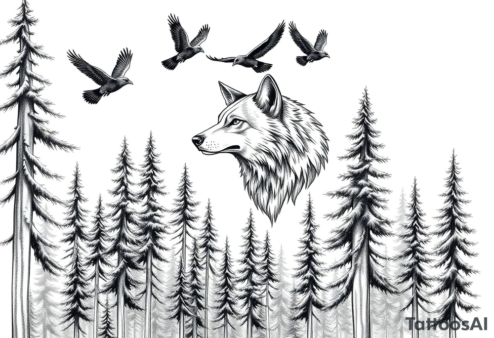 Densely wooded area with tall pine trees with a large wolf head hovering in the foreground, four ravens flying overhead, tattoo idea