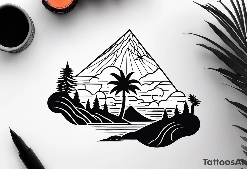 fineline black palmtree and volcano tattoo idea