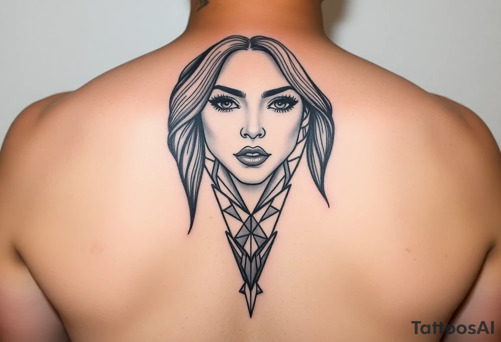 I want a portrait of Ryan Ashelys (the female tattoo artist) face in line work style black. Geometric  with the middle bottom going down to a point towards my middle finger tattoo idea