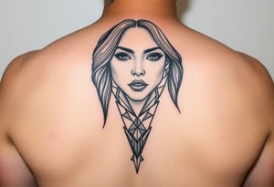 I want a portrait of Ryan Ashelys (the female tattoo artist) face in line work style black. Geometric  with the middle bottom going down to a point towards my middle finger tattoo idea