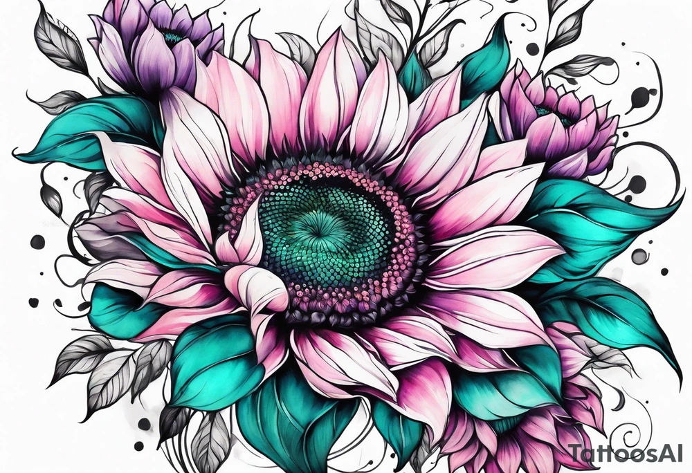 Teal, pink and purple sunflower sleeve tattoo idea