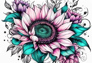 Teal, pink and purple sunflower sleeve tattoo idea