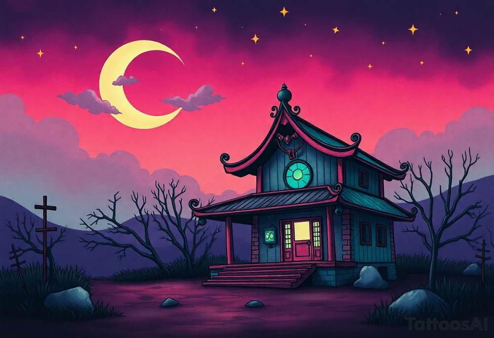 Tim Burton’s haunted pastel toykyo shrine is abandoned and dripping with muted reds, dusty pinks, and eerie green glow.purple and cyan smokey clouds swirl in the crescent moonlit sky thats sprinkled with stars tattoo idea tattoo idea