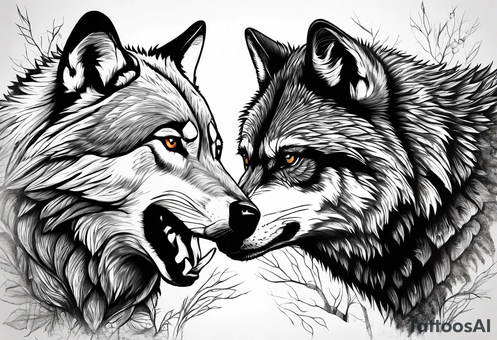 fight between Wolf and raccoon
Background Woods tattoo idea