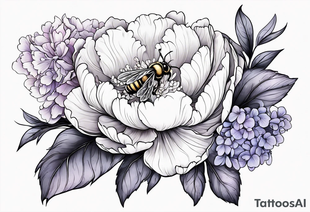 Vibrant peony with hydrangea and leaves and a bee lilac flowers tattoo idea