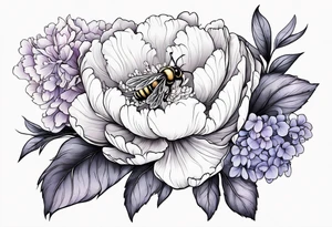 Vibrant peony with hydrangea and leaves and a bee lilac flowers tattoo idea