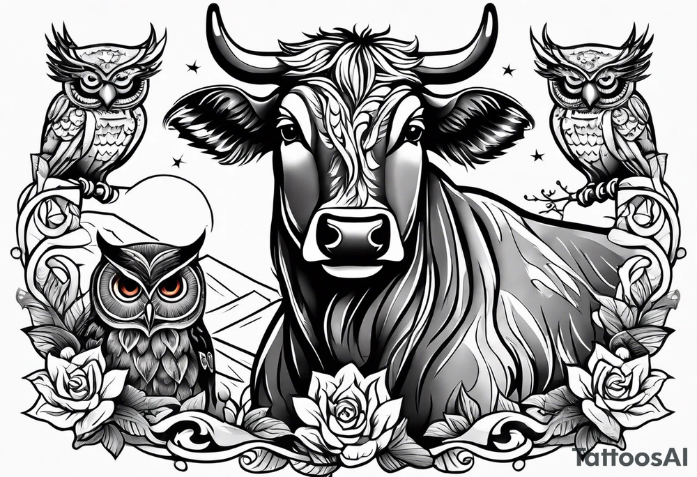 a cow and an owl standing next to each other tattoo idea