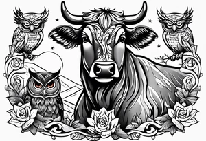 a cow and an owl standing next to each other tattoo idea