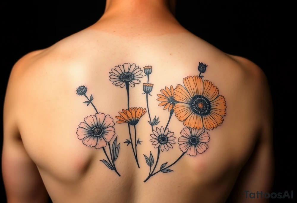 Create an image of an upper arm tattoo (from shoulder cap to just above the elbow) comprised of California poppies, California blackberries, gray’s lupine, marsh marigold, Indian paintbrush, one daisy, and an orange and orange blossom. Use color tattoo idea