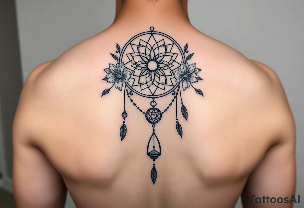 Boho dream catcher with gothic compass and hourglass. Beautiful flowers and an ornamental chandelier like look tattoo idea