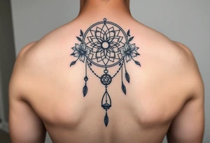 Boho dream catcher with gothic compass and hourglass. Beautiful flowers and an ornamental chandelier like look tattoo idea