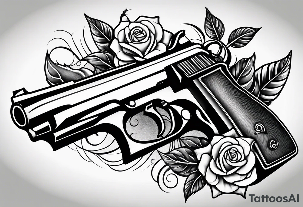 A black tattoo with a rose growing out of a gun bullet tattoo idea