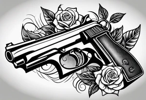 A black tattoo with a rose growing out of a gun bullet tattoo idea