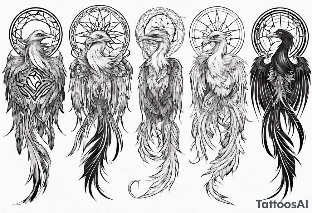 Vertical open mouthed Phoenix in circle with abstract dream catcher tail tattoo idea