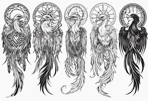Vertical open mouthed Phoenix in circle with abstract dream catcher tail tattoo idea