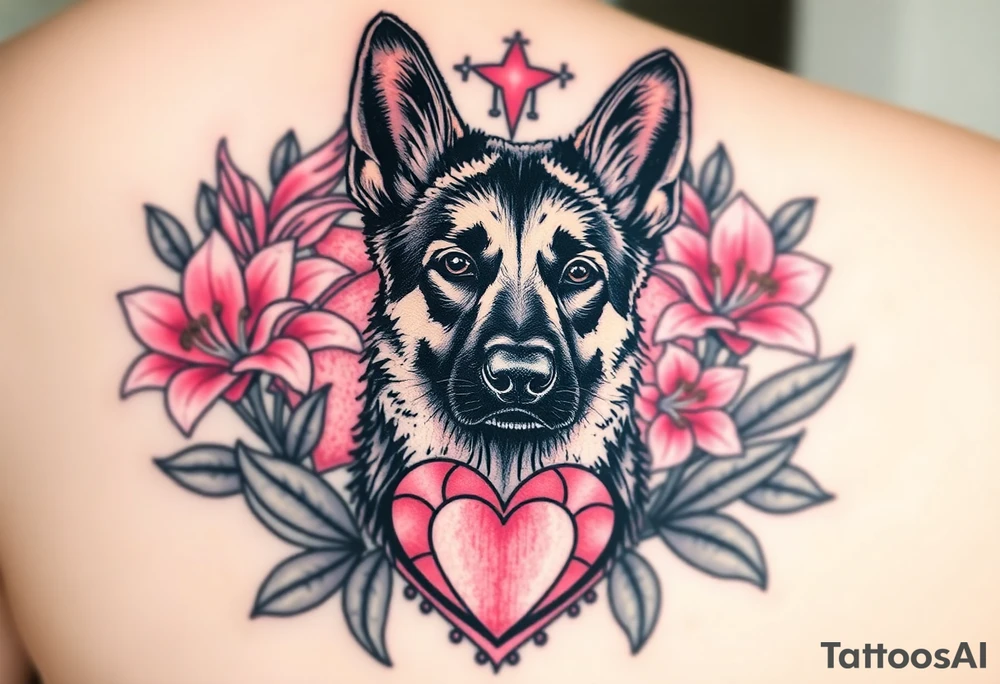 strong looking short haired german shepherd with alert ears surrounded by pink lilies with large leaves in front of a sacred heart tattoo idea