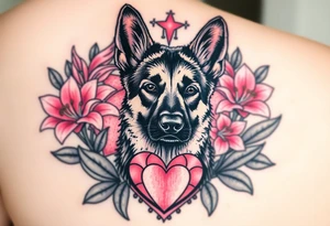 strong looking short haired german shepherd with alert ears surrounded by pink lilies with large leaves in front of a sacred heart tattoo idea