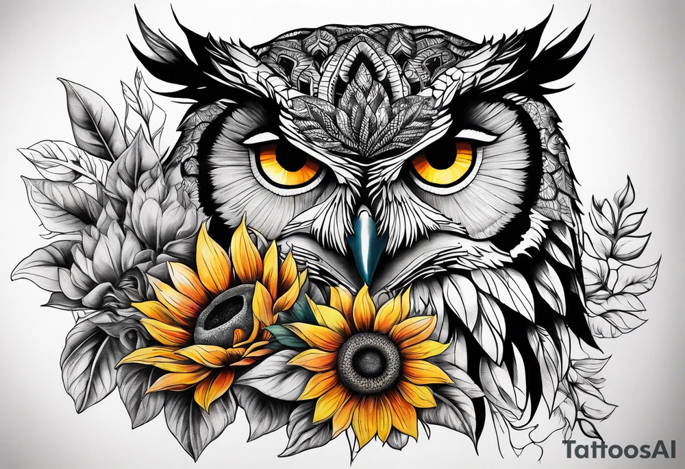 Leg sleeve with colorful sunflowers and an owl tattoo idea